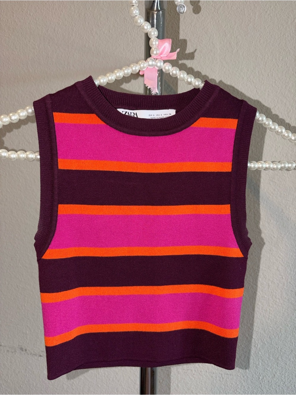 Zara Striped Knit Crop Top Sweater Vest Pink Orange Burgundy Size S